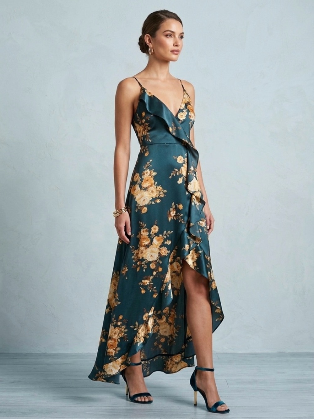 VICI Capriccio Satin Floral High-Low Maxi Dress Navy Medium